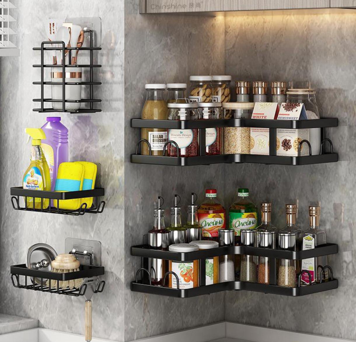Multipurpose 5pcs set Rectangular and corner Shower caddy shelf/5in1 bathroom shelfs Wall organizer